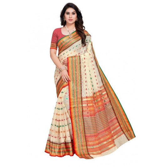 Women's Kota Doria Cotton Woven Butta Saree With Blouse (Cream, 5-6 Mtrs)