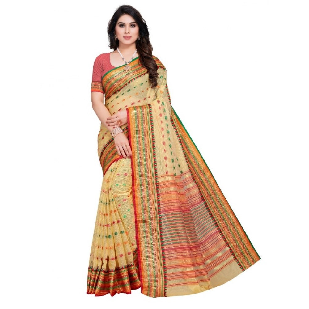 Women's Kota Doria Cotton Woven Butta Saree With Blouse (Beige, 5-6 Mtrs)