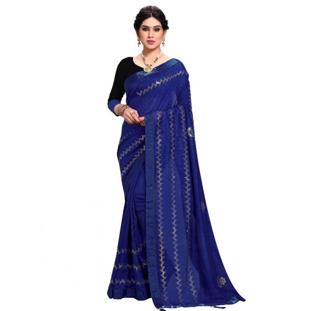 Women's Vichitra Silk HotFix Stone Work Saree With Blouse (Blue, 5-6 Mtrs)