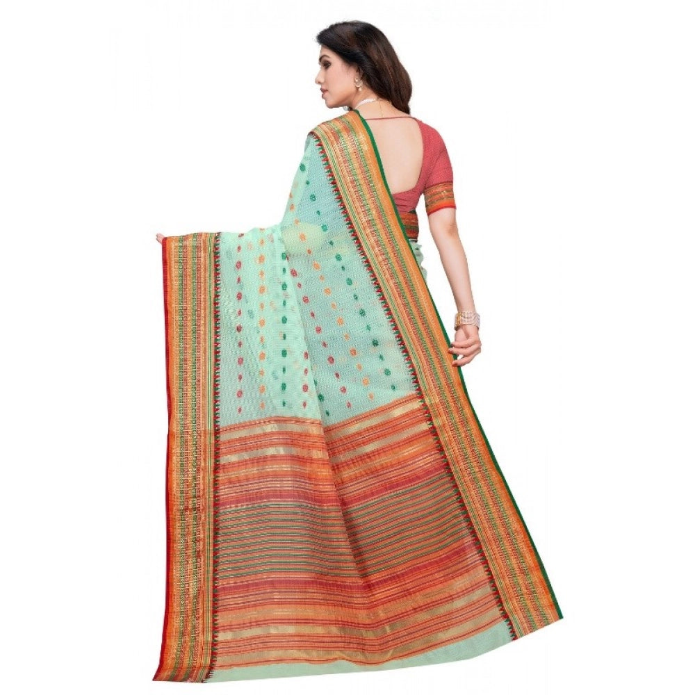 Women's Kota Doria Cotton Woven Butta Saree With Blouse (Pista, 5-6 Mtrs)