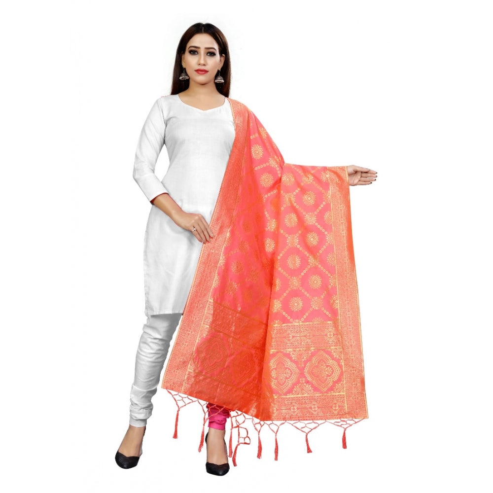 Women's Banarasi Silk Floral Printed Dupatta (Peach, Length:2-2.4 mtr)