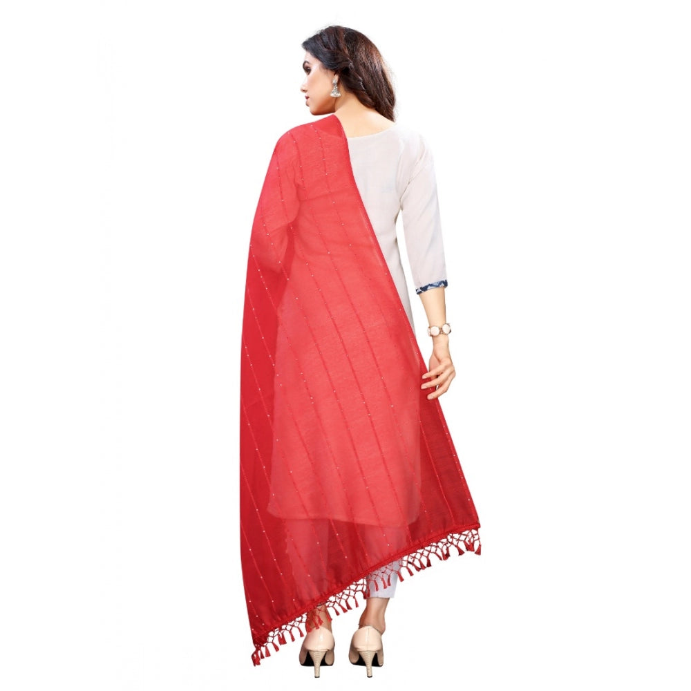 Women's Cotton Silk Strips Printed Dupatta (Red, Length:2-2.4 mtr)