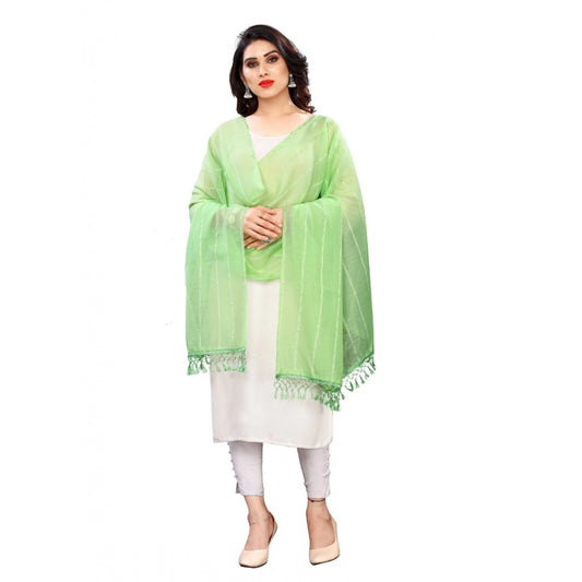 Women's Cotton Silk Strips Printed Dupatta (Parrot Green, Length:2-2.4 mtr)