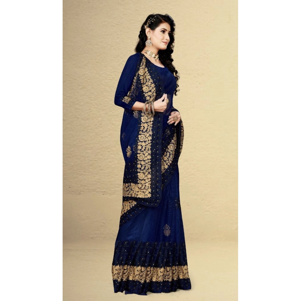 Women's Net Saree With Blouse (Navy Blue, 5-6Mtrs)