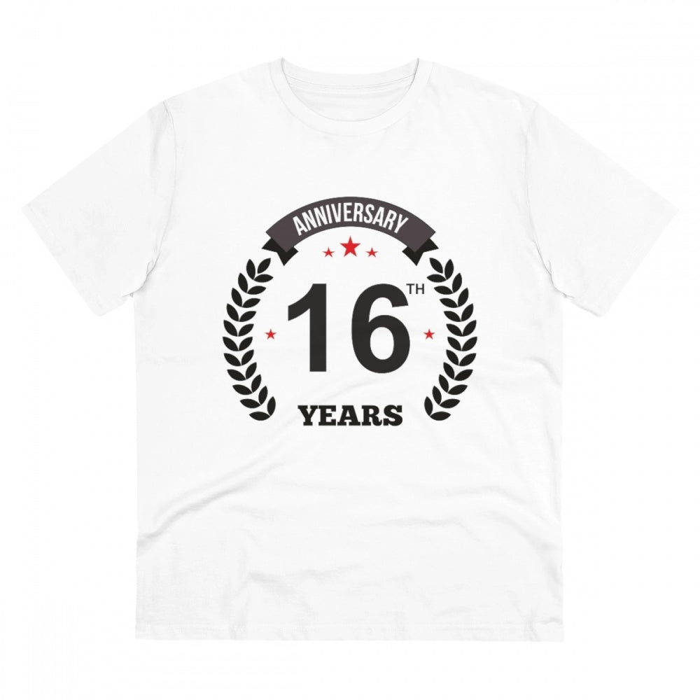 Men's PC Cotton 16th Anniversary Printed T Shirt (Color: White, Thread Count: 180GSM)