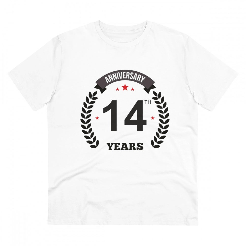Men's PC Cotton 14th Anniversary Printed T Shirt (Color: White, Thread Count: 180GSM)