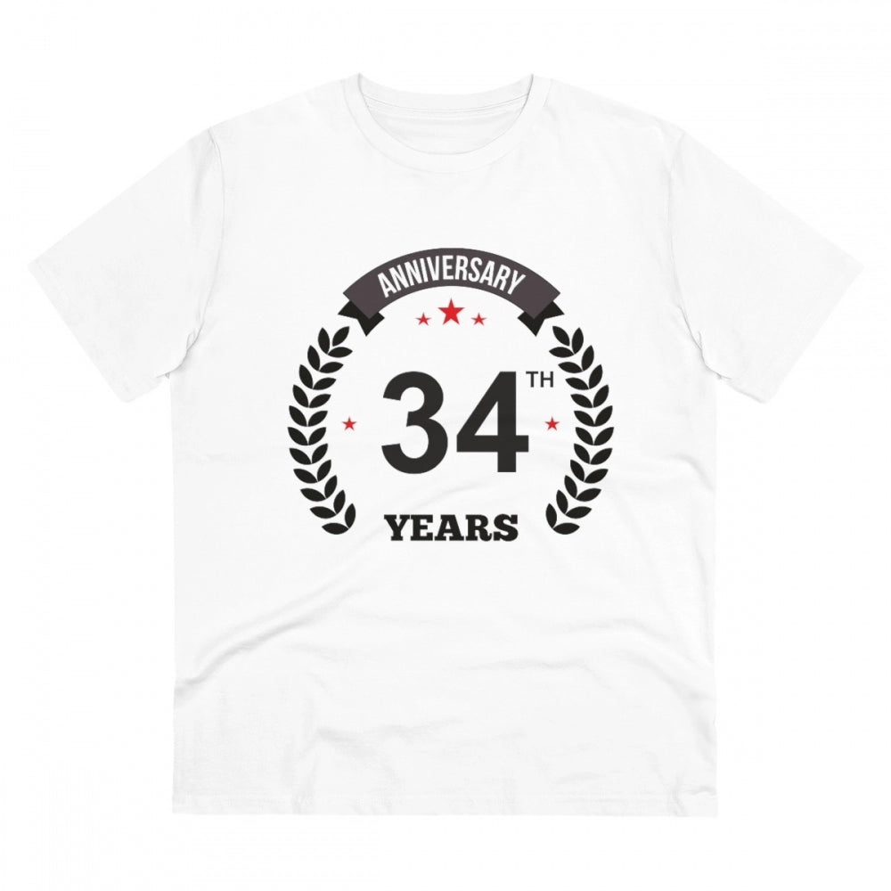 Men's PC Cotton 34th Anniversary Printed T Shirt (Color: White, Thread Count: 180GSM)