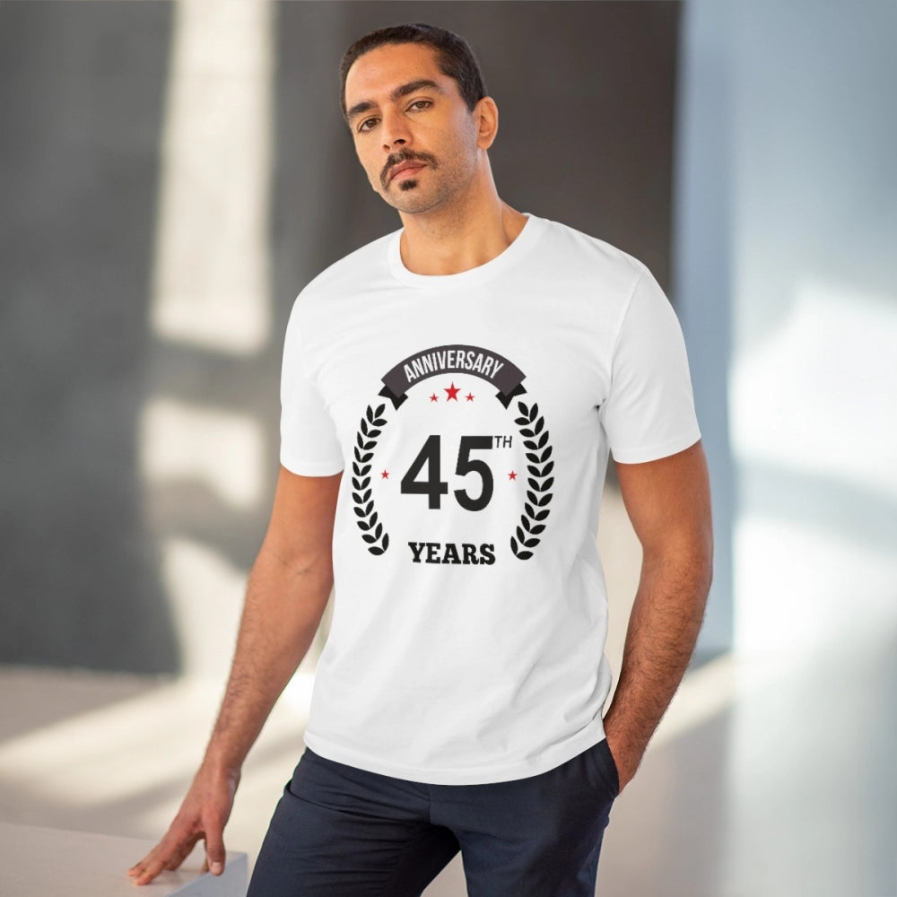 Men's PC Cotton 45th Anniversary Printed T Shirt (Color: White, Thread Count: 180GSM)