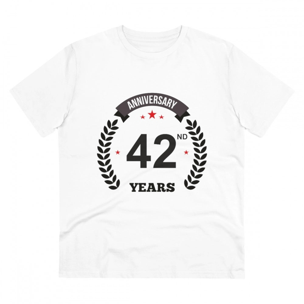 Men's PC Cotton 42nd Anniversary Printed T Shirt (Color: White, Thread Count: 180GSM)