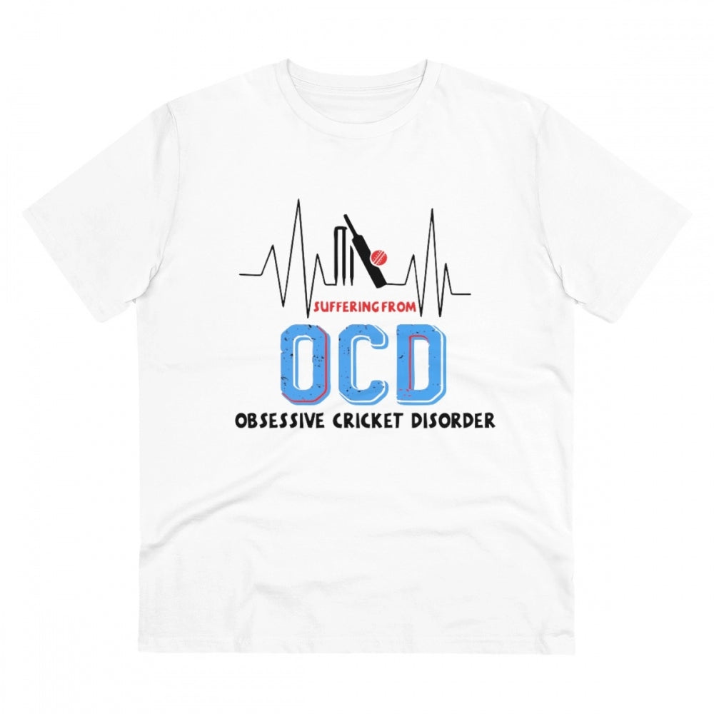 Men's PC Cotton Cricket Design Printed T Shirt (Color: White, Thread Count: 180GSM)