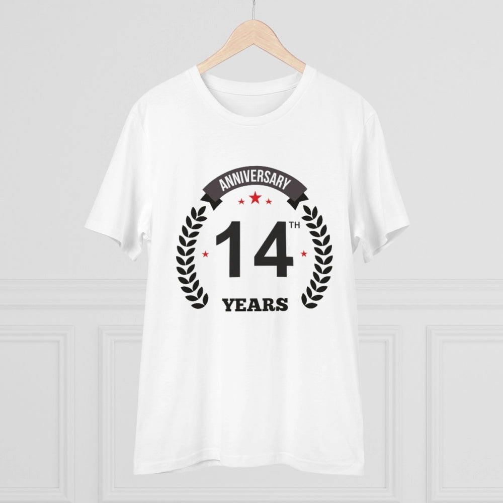Men's PC Cotton 14th Anniversary Printed T Shirt (Color: White, Thread Count: 180GSM)