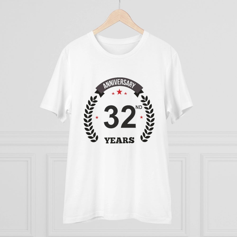Men's PC Cotton 32nd Anniversary Printed T Shirt (Color: White, Thread Count: 180GSM)