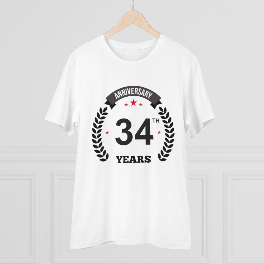 Men's PC Cotton 34th Anniversary Printed T Shirt (Color: White, Thread Count: 180GSM)