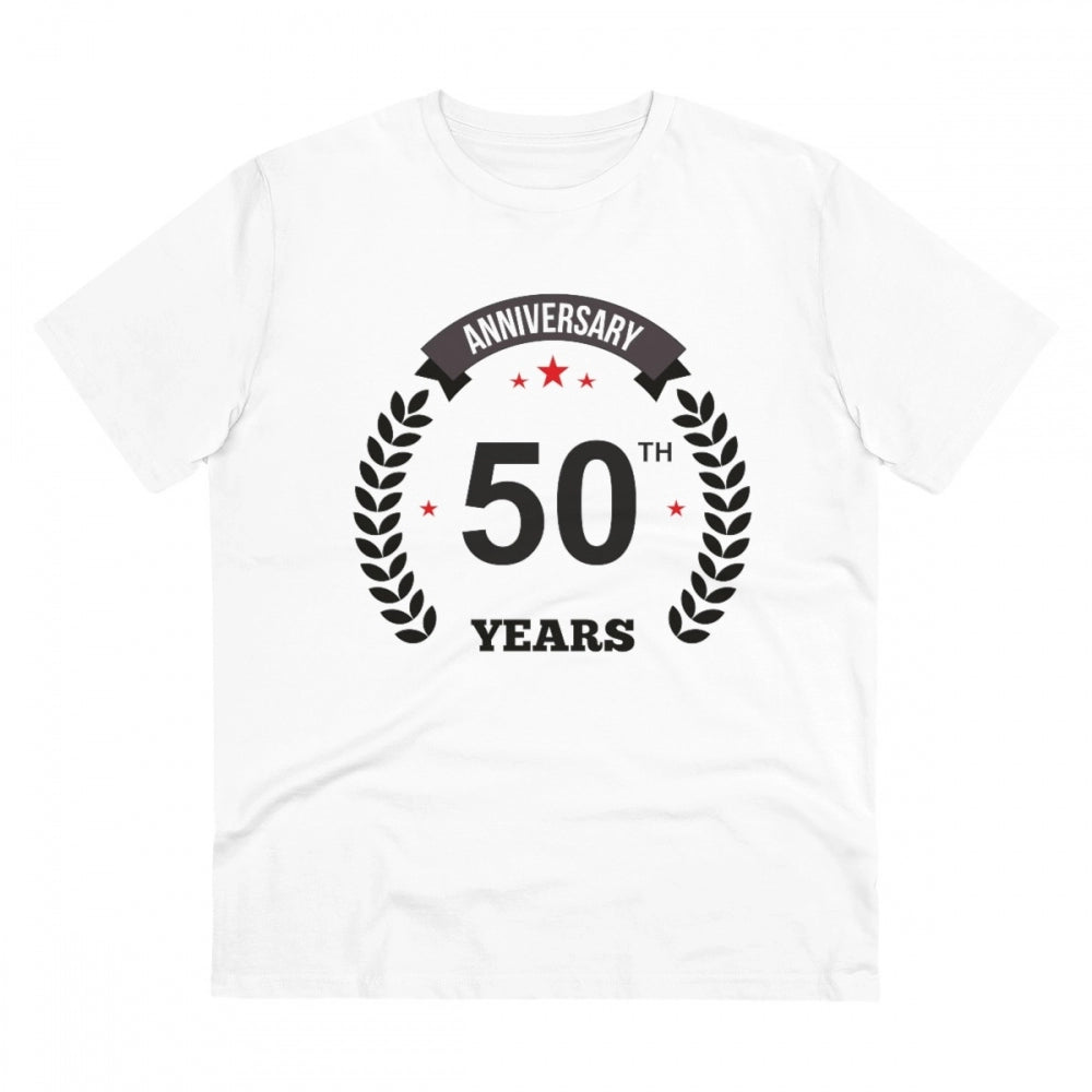 Men's PC Cotton 50th Anniversary Printed T Shirt (Color: White, Thread Count: 180GSM)