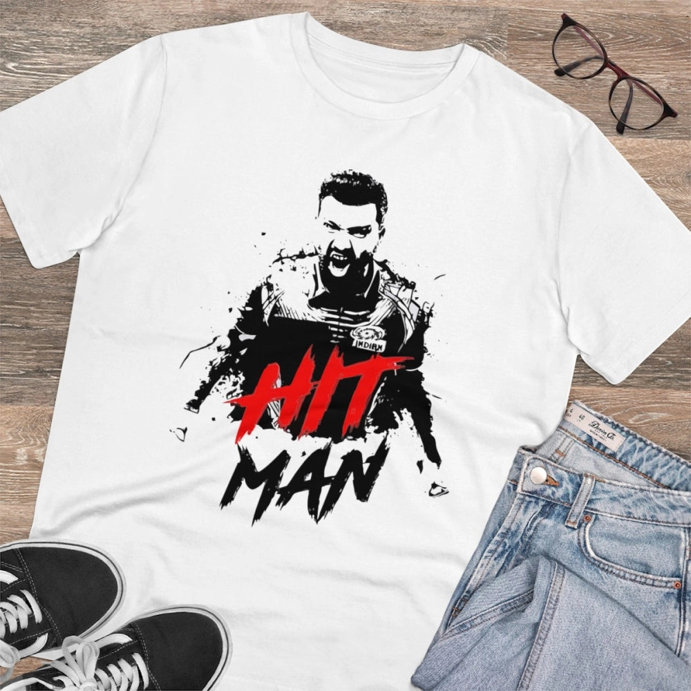 Men's PC Cotton Cricket Design Printed T Shirt (Color: White, Thread Count: 180GSM)