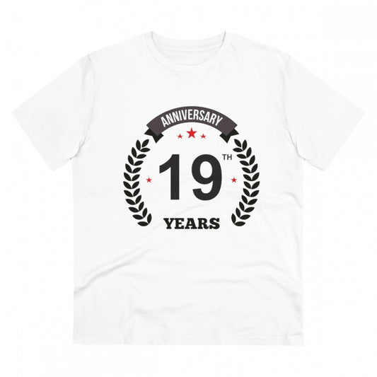 Men's PC Cotton 19th Anniversary Printed T Shirt (Color: White, Thread Count: 180GSM)