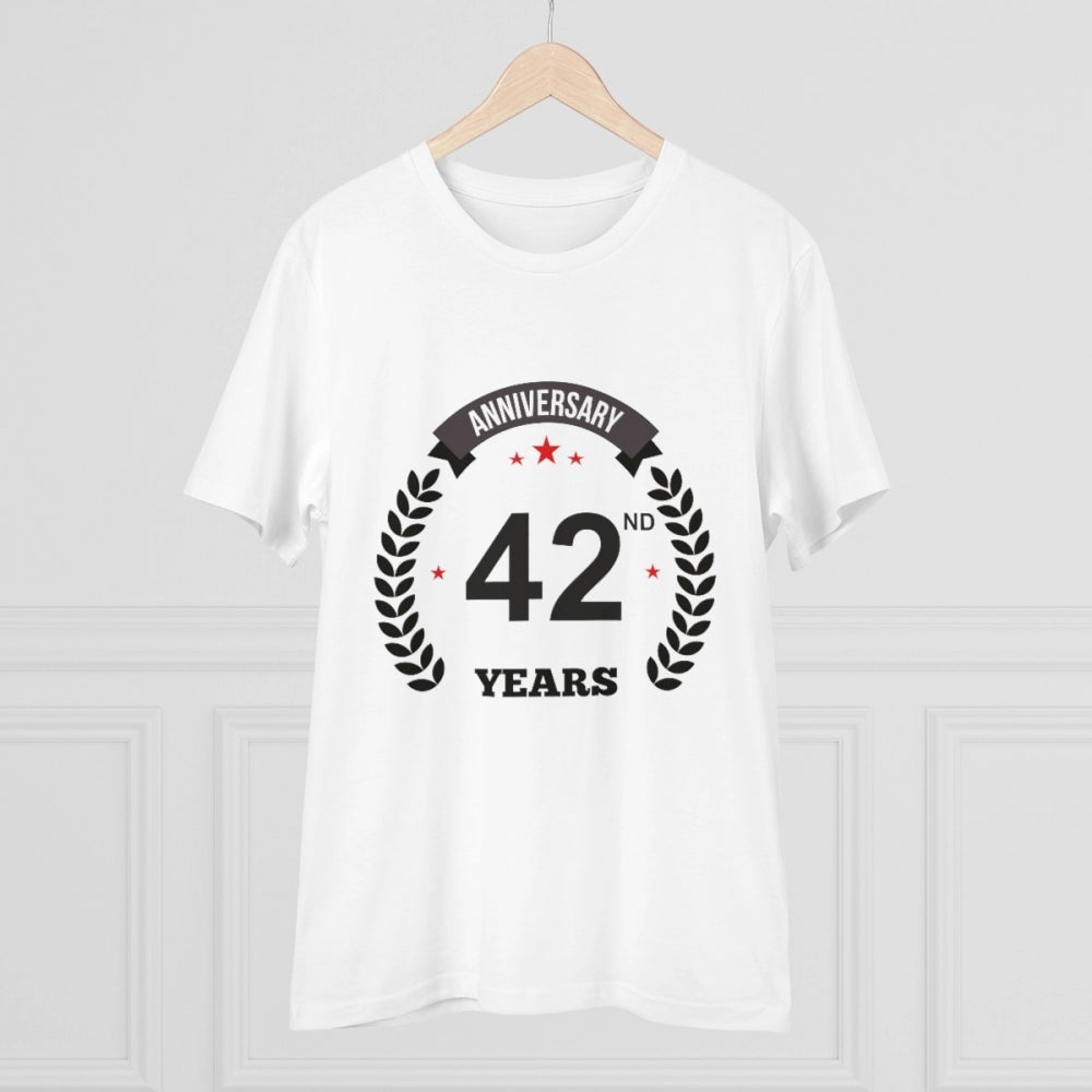 Men's PC Cotton 42nd Anniversary Printed T Shirt (Color: White, Thread Count: 180GSM)