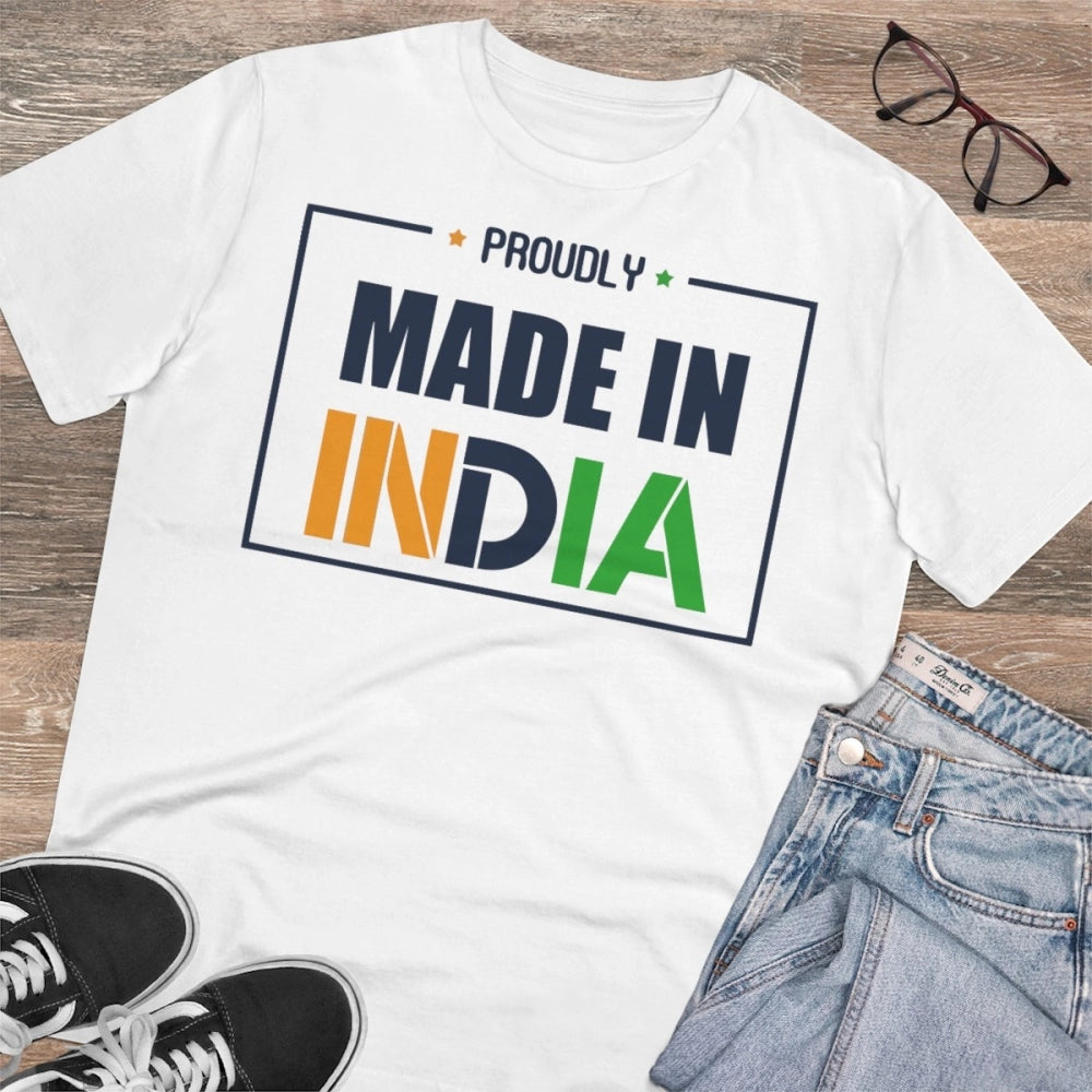 Men's PC Cotton Made In India Printed T Shirt (Color: White, Thread Count: 180GSM)