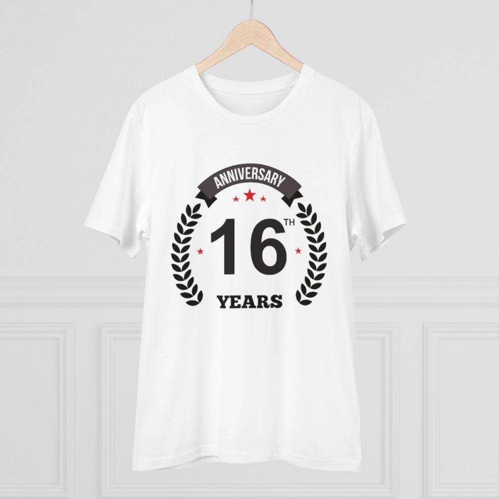 Men's PC Cotton 16th Anniversary Printed T Shirt (Color: White, Thread Count: 180GSM)