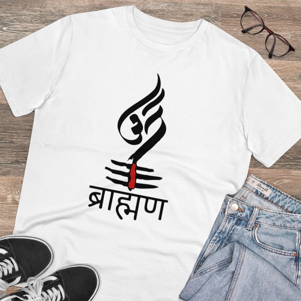 Men's PC Cotton Brahman Printed T Shirt (Color: White, Thread Count: 180GSM)