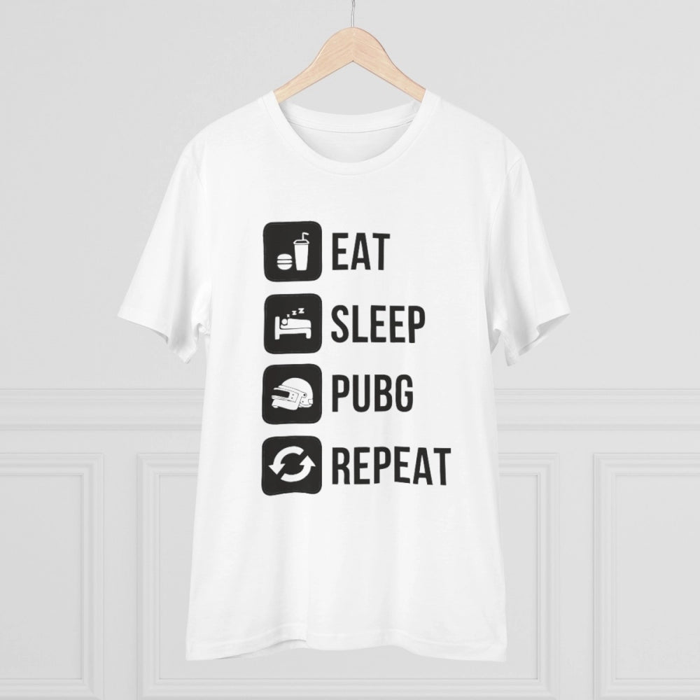 Men's PC Cotton Eat Sleep Pubg Repeat Printed T Shirt (Color: White, Thread Count: 180GSM)