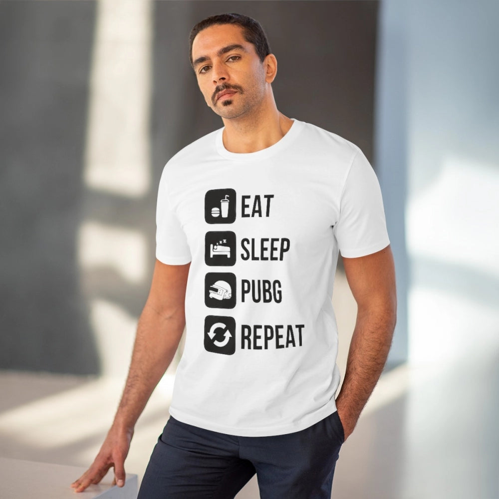 Men's PC Cotton Eat Sleep Pubg Repeat Printed T Shirt (Color: White, Thread Count: 180GSM)