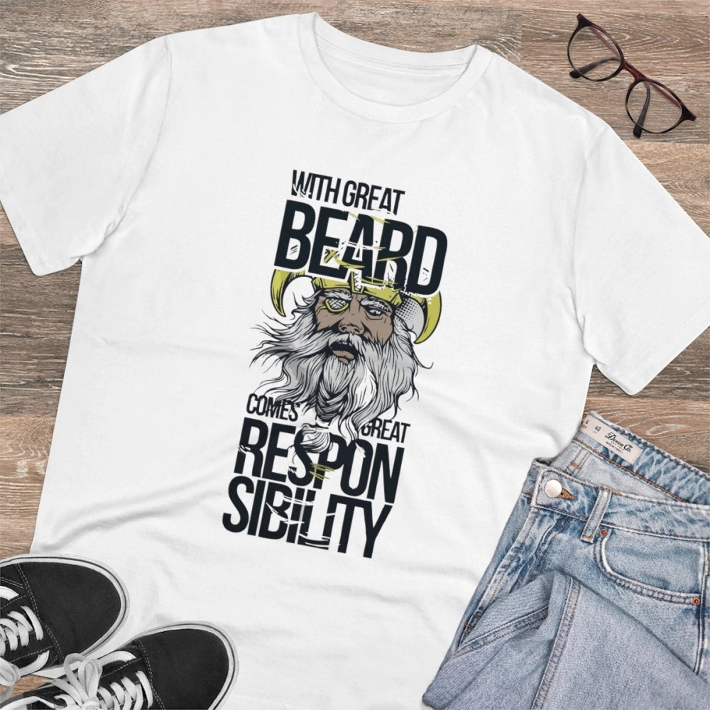 Men's PC Cotton With Great Beard Comes Printed T Shirt (Color: White, Thread Count: 180GSM)