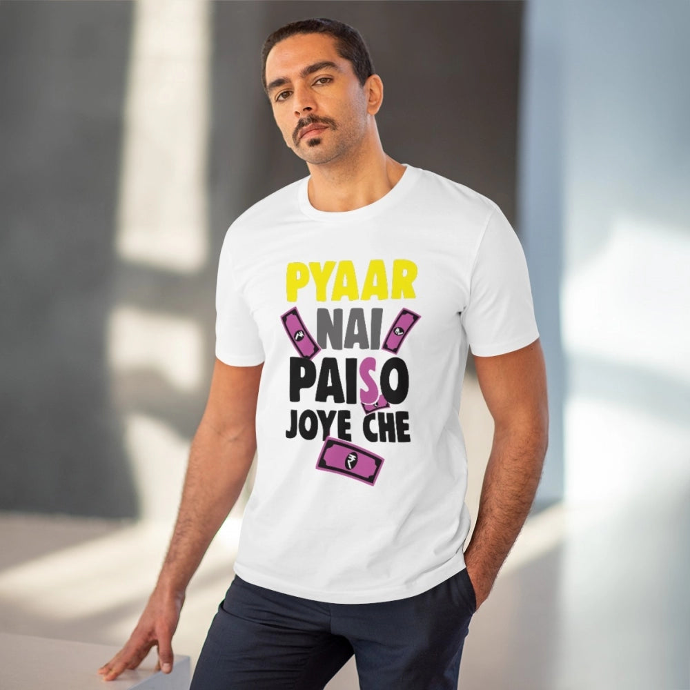 Men's PC Cotton Pyaar Nay Paisa Joy Che Printed T Shirt (Color: White, Thread Count: 180GSM)