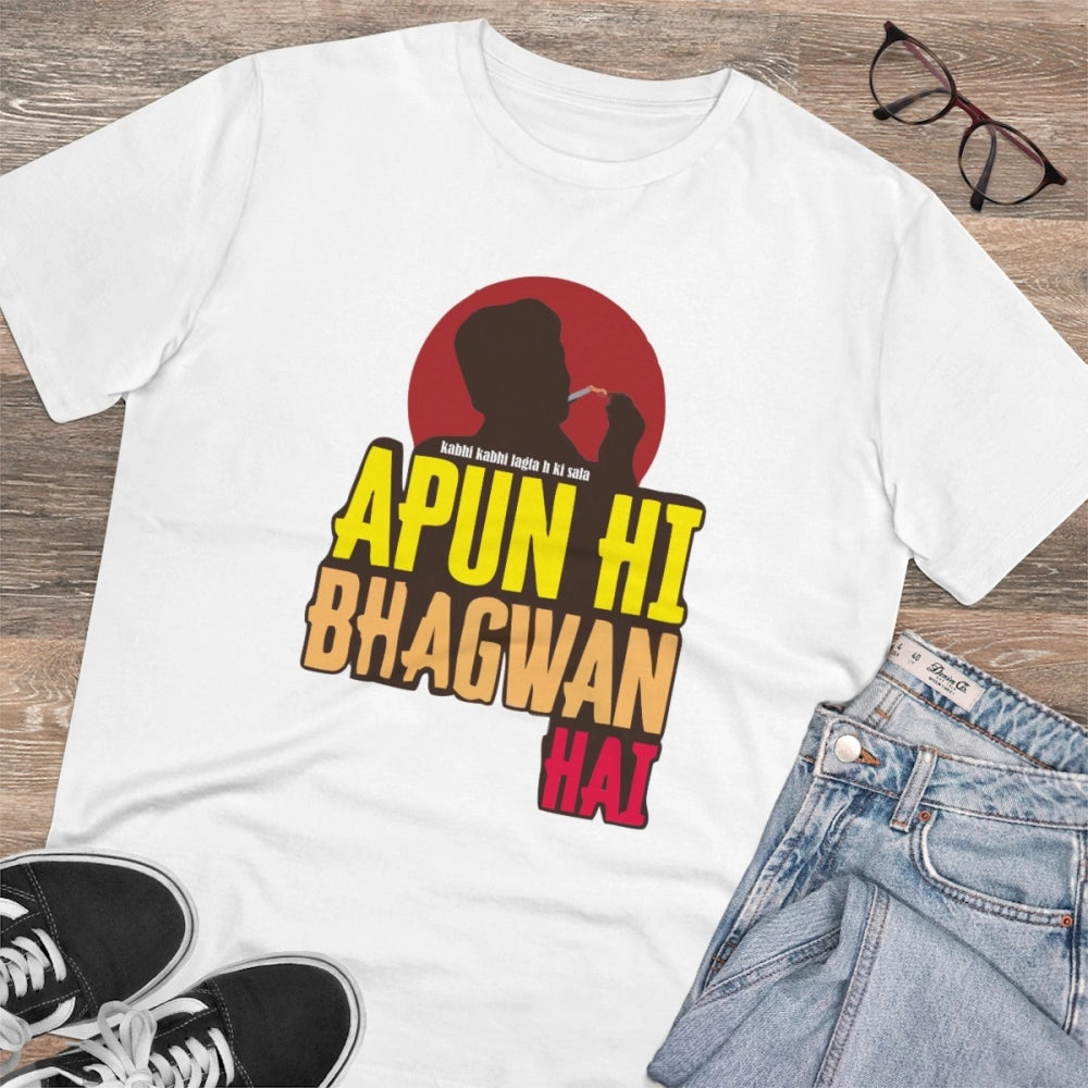 Men's PC Cotton Apun Hi Bhagvan Hai Printed T Shirt (Color: White, Thread Count: 180GSM)
