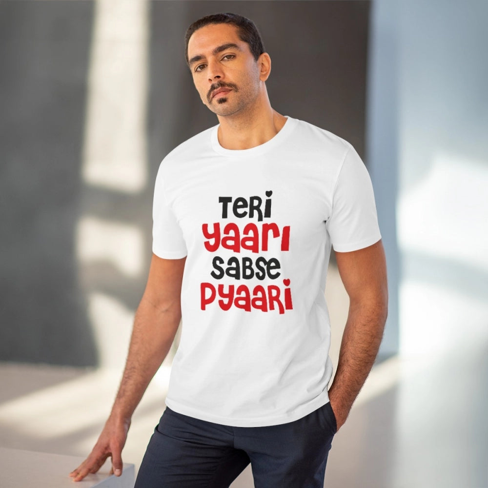 Men's PC Cotton Teri Yaari Sabse Pyaari Printed T Shirt (Color: White, Thread Count: 180GSM)