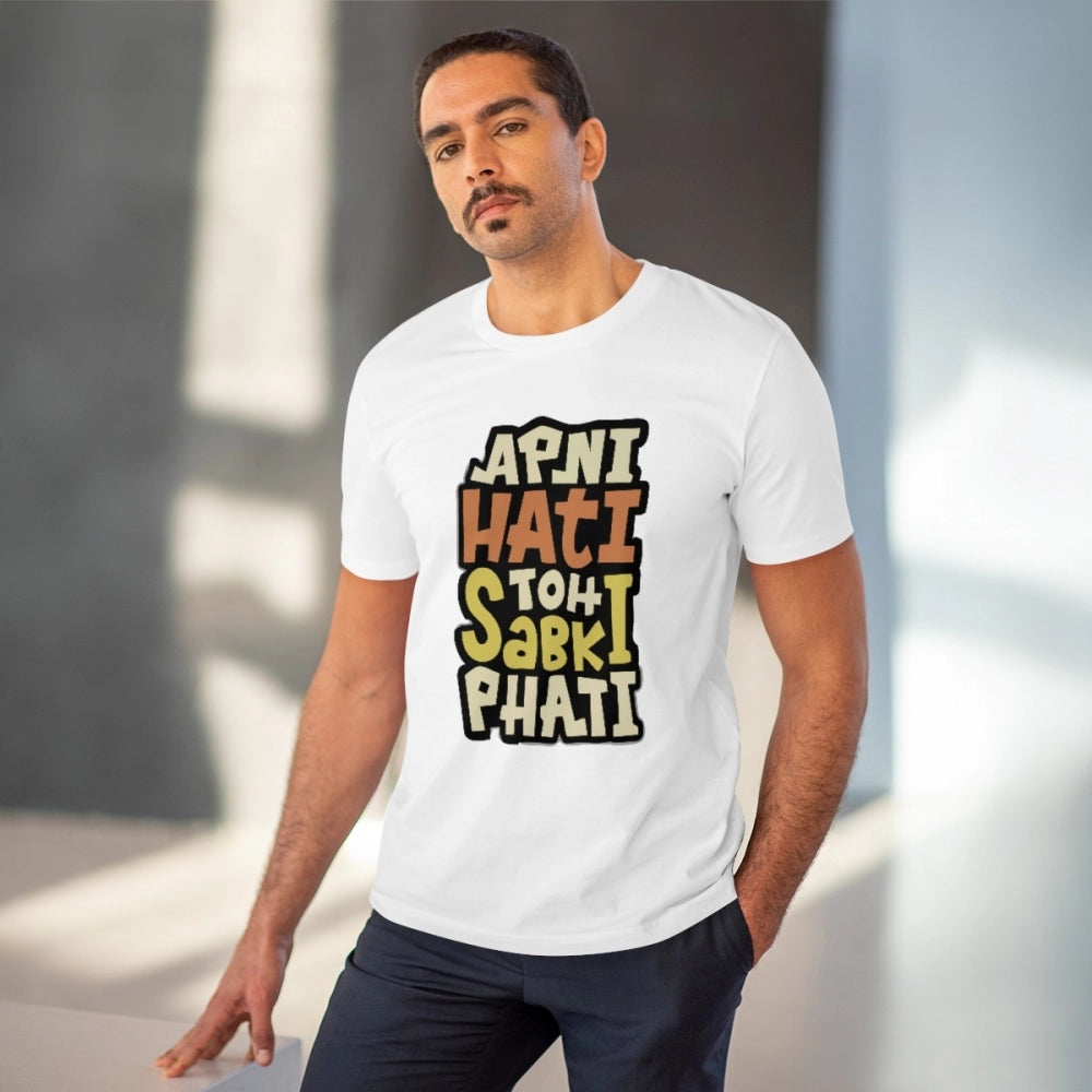 Men's PC Cotton Apni Hati To Sabki Phati Printed T Shirt (Color: White, Thread Count: 180GSM)