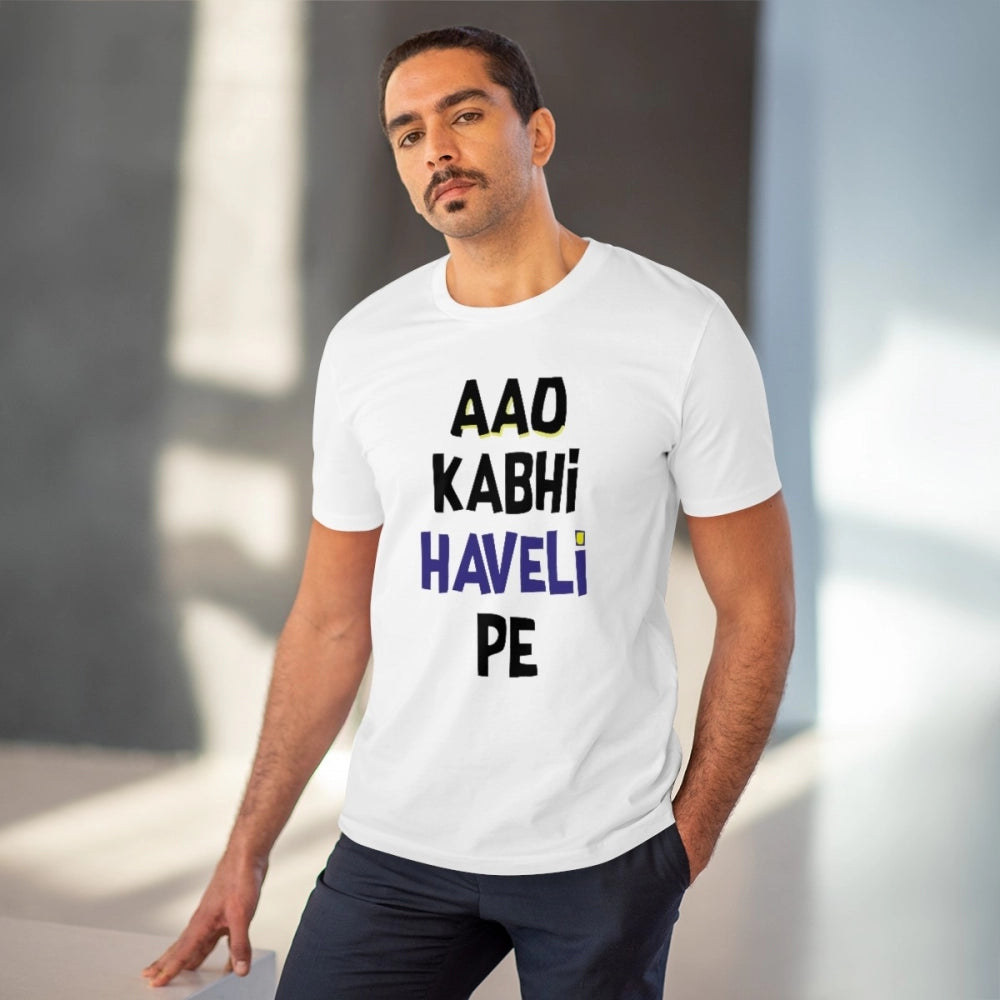 Men's PC Cotton Aao Kabhi Haveli Pe Printed T Shirt (Color: White, Thread Count: 180GSM)