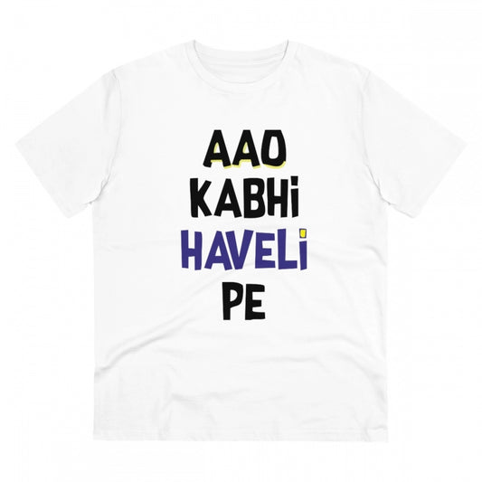 Men's PC Cotton Aao Kabhi Haveli Pe Printed T Shirt (Color: White, Thread Count: 180GSM)