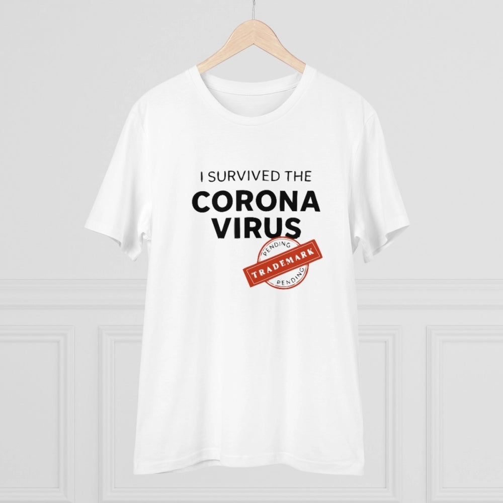 Men's PC Cotton I Survived Corona Virus Printed T Shirt (Color: White, Thread Count: 180GSM)