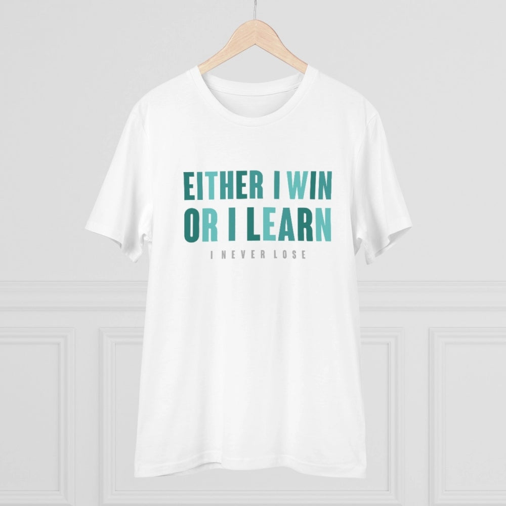 Men's PC Cotton Either I Win Or I Learn Printed T Shirt (Color: White, Thread Count: 180GSM)