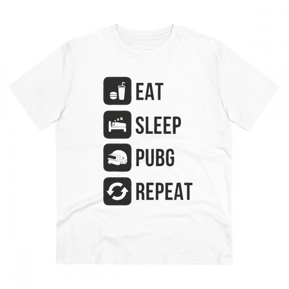 Men's PC Cotton Eat Sleep Pubg Repeat Printed T Shirt (Color: White, Thread Count: 180GSM)