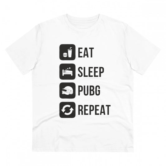 Men's PC Cotton Eat Sleep Pubg Repeat Printed T Shirt (Color: White, Thread Count: 180GSM)