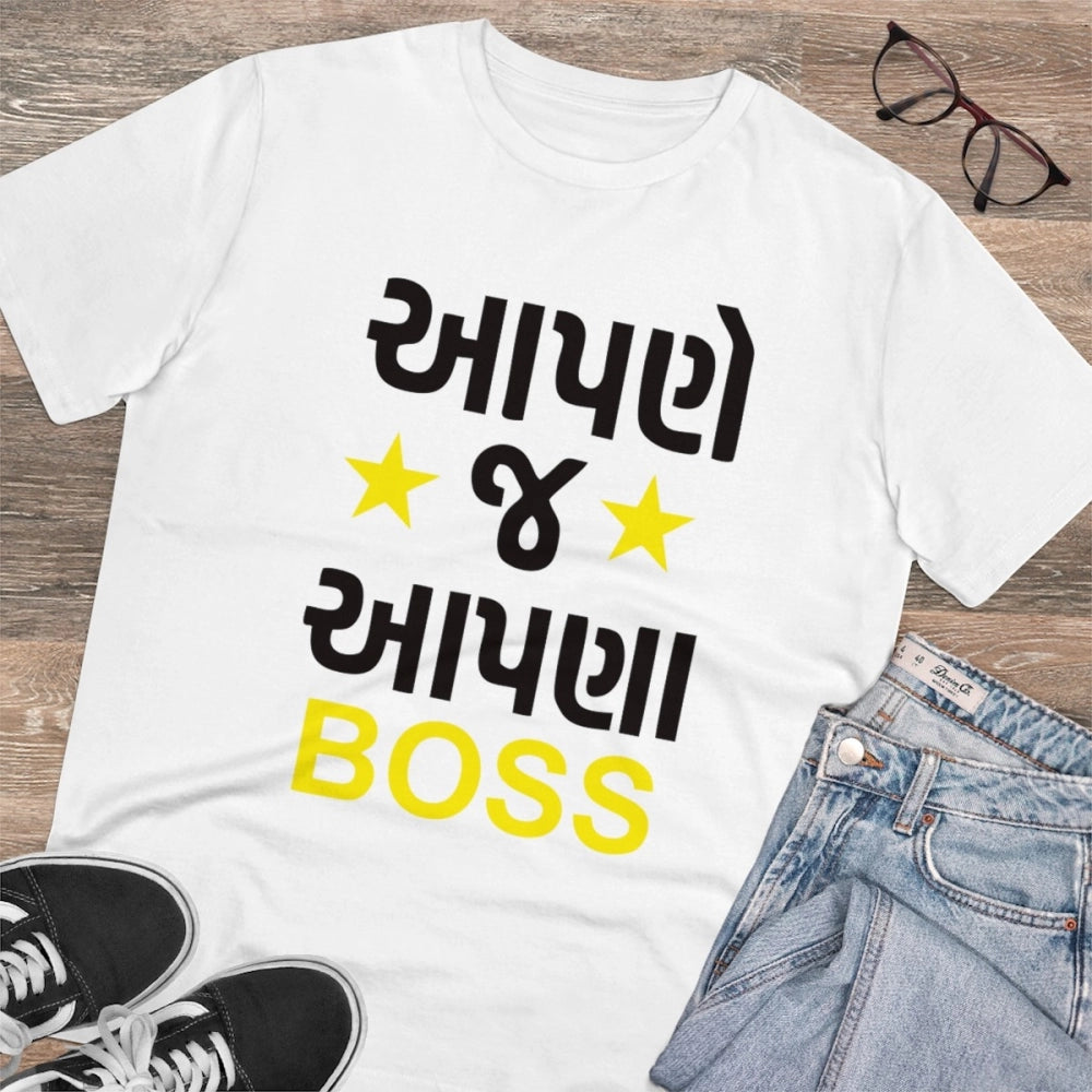 Men's PC Cotton Aapne J Aapna Boss Printed T Shirt (Color: White, Thread Count: 180GSM)