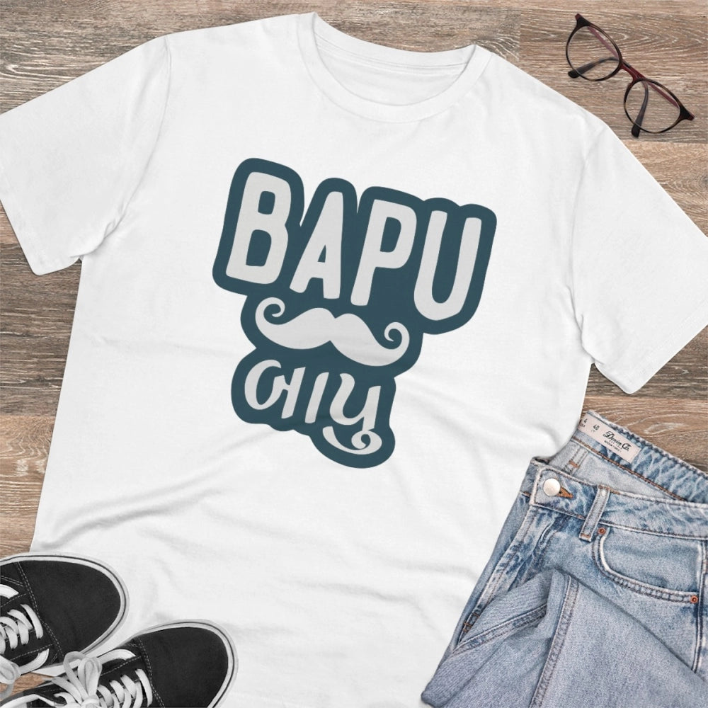 Men's PC Cotton Baapu Printed T Shirt (Color: White, Thread Count: 180GSM)