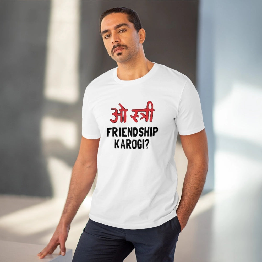 Men's PC Cotton Oo Shtree Friendship Karogi Kya Printed T Shirt (Color: White, Thread Count: 180GSM)