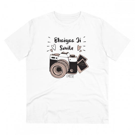 Men's PC Cotton Bhaiya Ji Smile Printed T Shirt (Color: White, Thread Count: 180GSM)