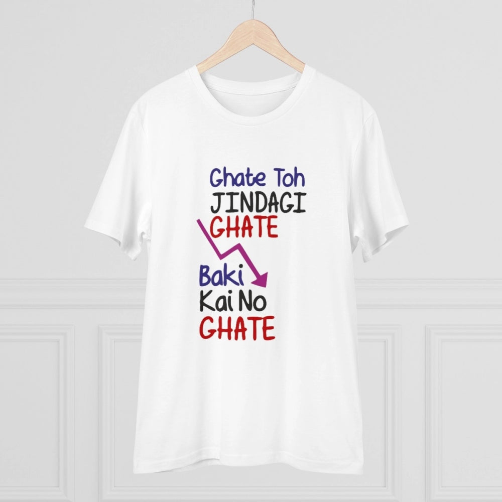 Men's PC Cotton Ghate To Jindgi Ghate Printed T Shirt (Color: White, Thread Count: 180GSM)