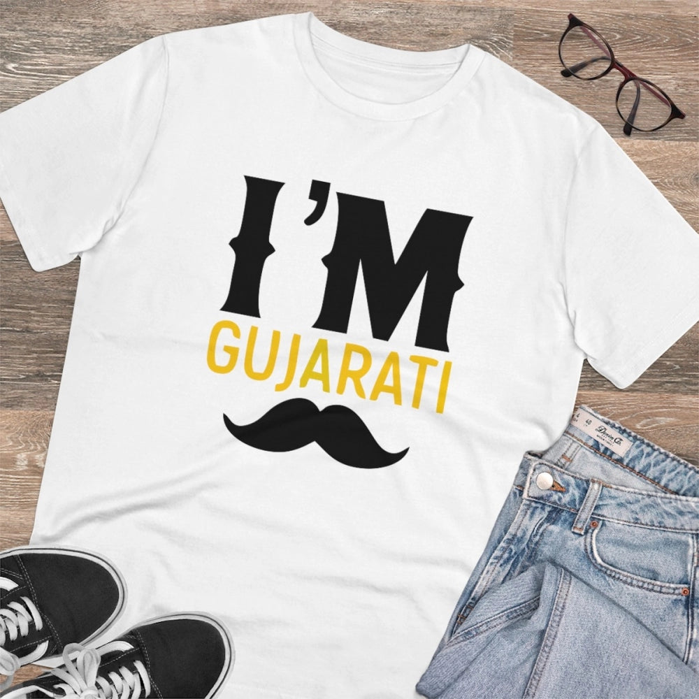 Men's PC Cotton I Am Gujarati Printed T Shirt (Color: White, Thread Count: 180GSM)