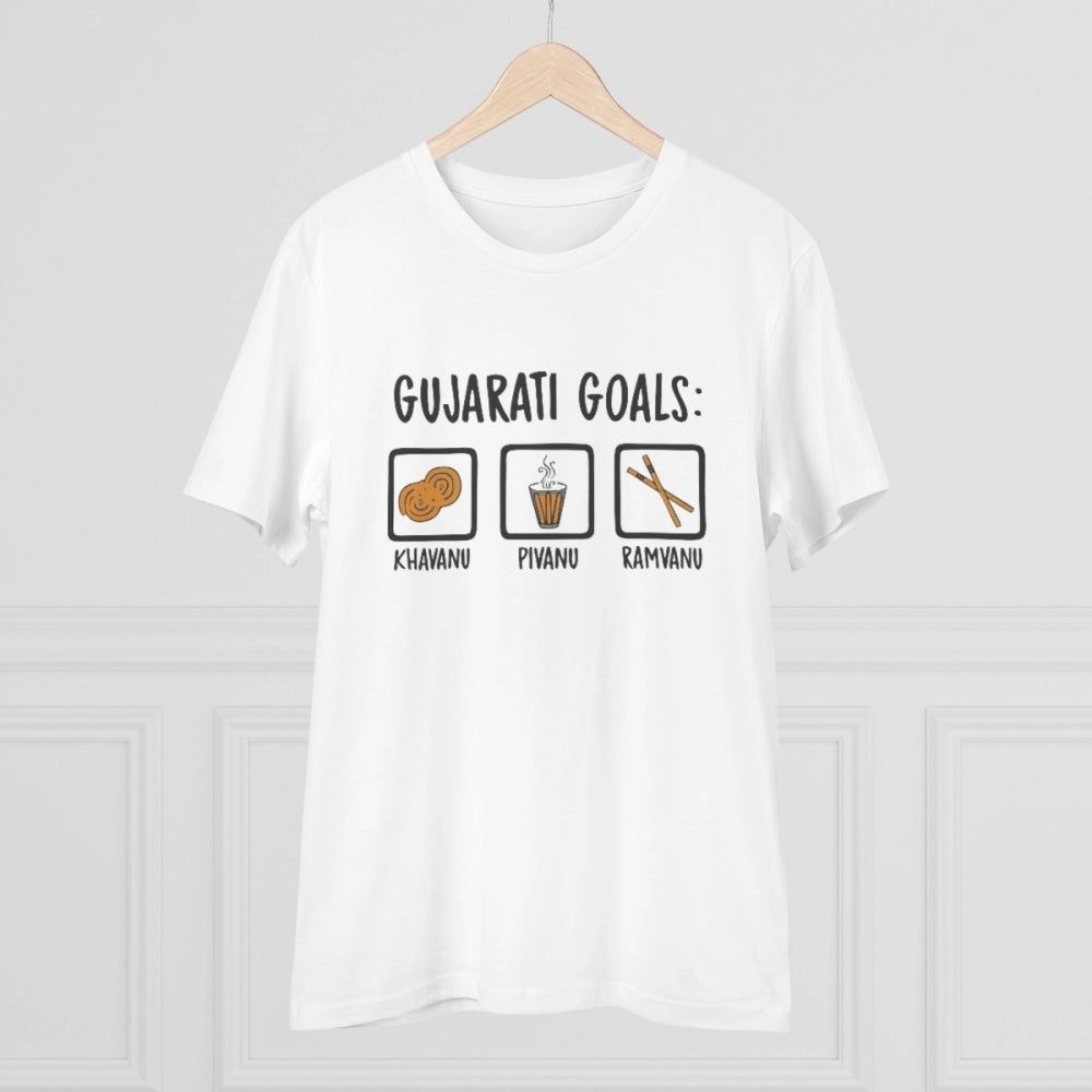 Men's PC Cotton Gujarati Goals Printed T Shirt (Color: White, Thread Count: 180GSM)