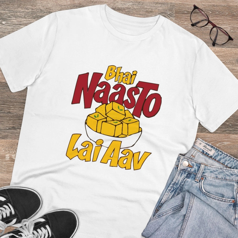 Men's PC Cotton Bhai Nasto Lai Aav Printed T Shirt (Color: White, Thread Count: 180GSM)