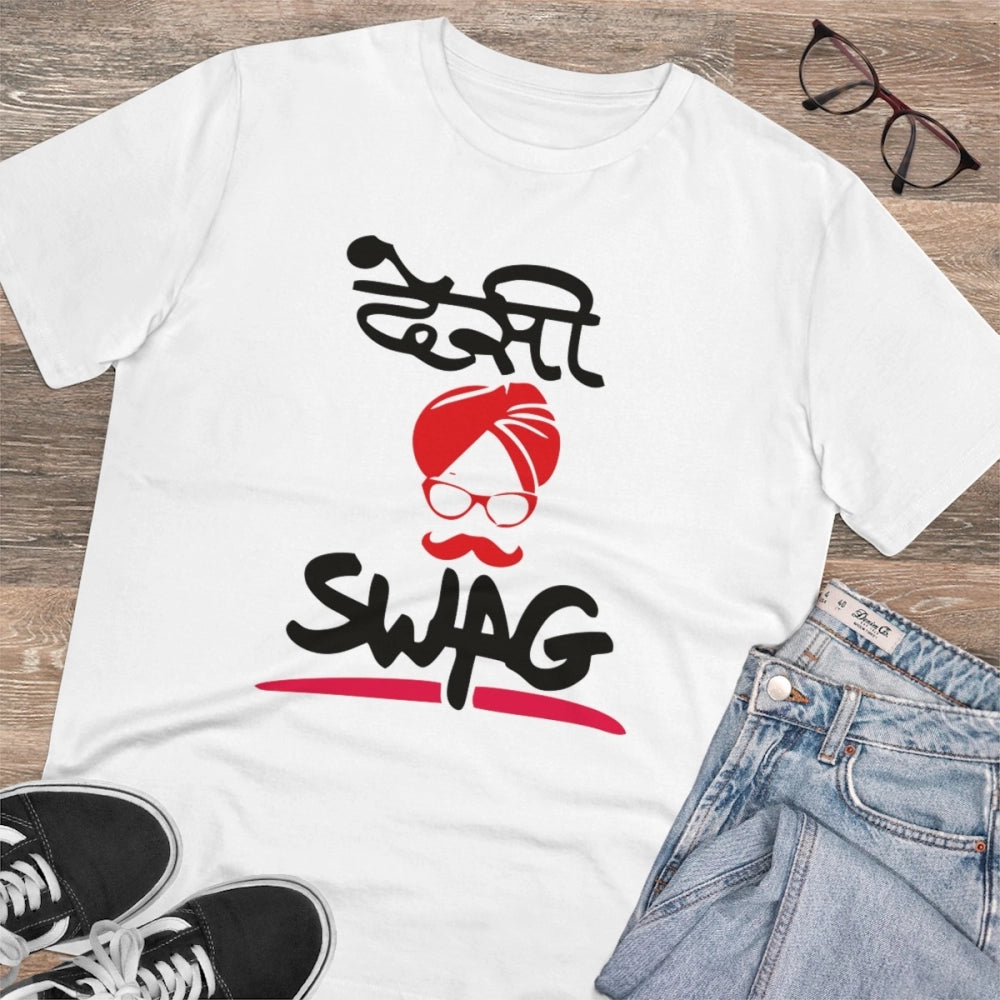 Men's PC Cotton Desi Swag Printed T Shirt (Color: White, Thread Count: 180GSM)