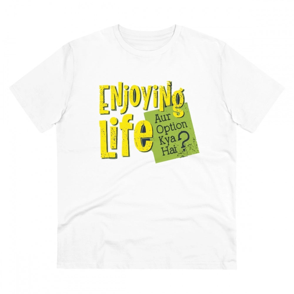 Men's PC Cotton Enjoying Life Printed T Shirt (Color: White, Thread Count: 180GSM)