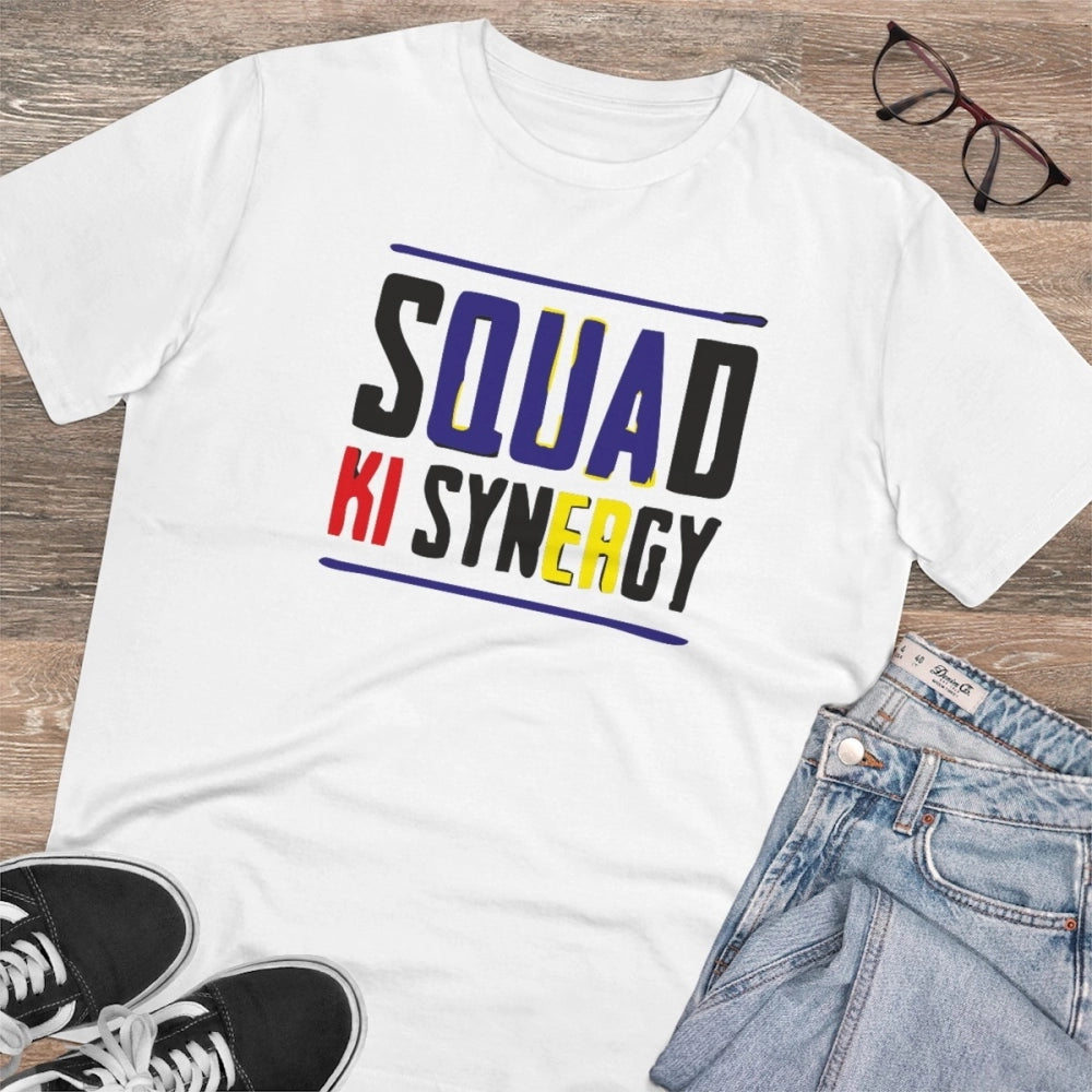 Men's PC Cotton Squed Ki Syneagy Printed T Shirt (Color: White, Thread Count: 180GSM)
