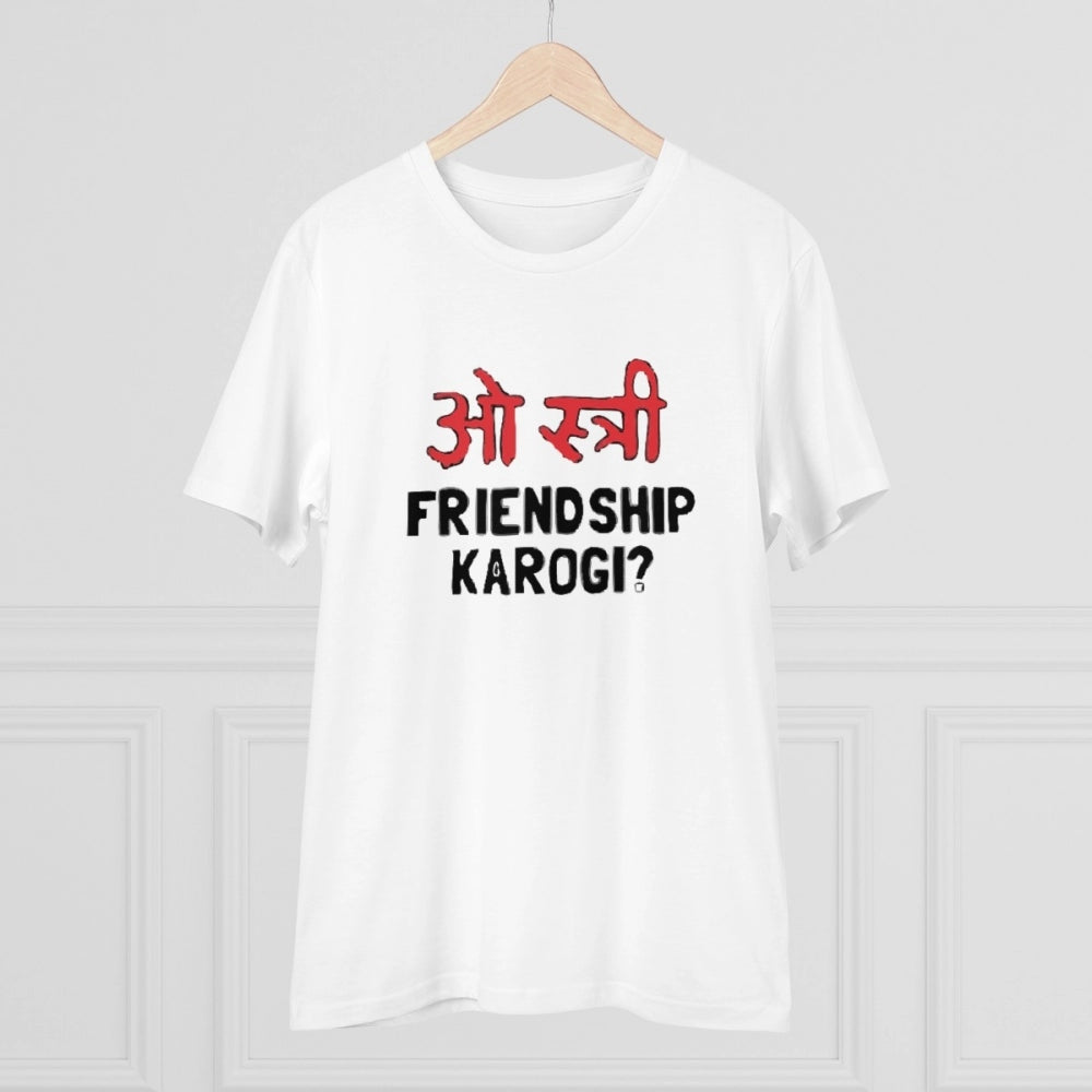 Men's PC Cotton Oo Shtree Friendship Karogi Kya Printed T Shirt (Color: White, Thread Count: 180GSM)