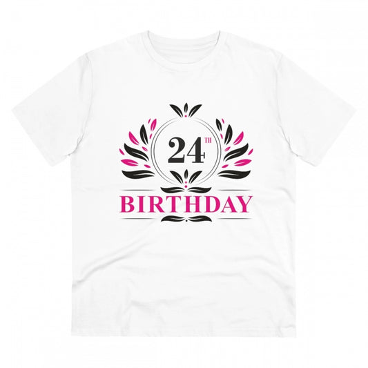 Men's PC Cotton 24th Birthday Printed T Shirt (Color: White, Thread Count: 180GSM)